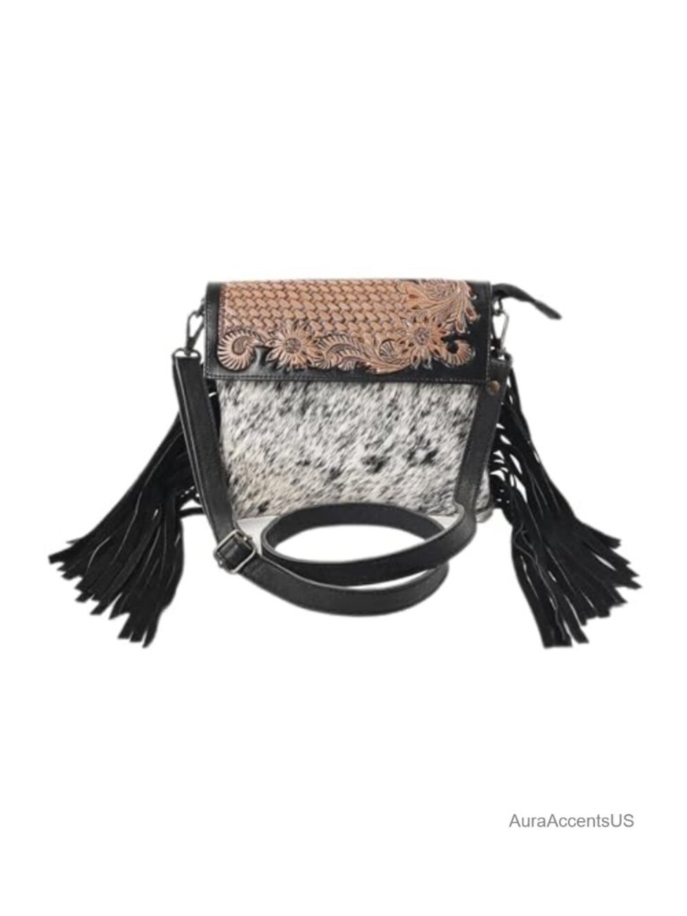 Cowhide Leather Floral Tooled Crossbody Handbag Fringe Adjustable Strap
